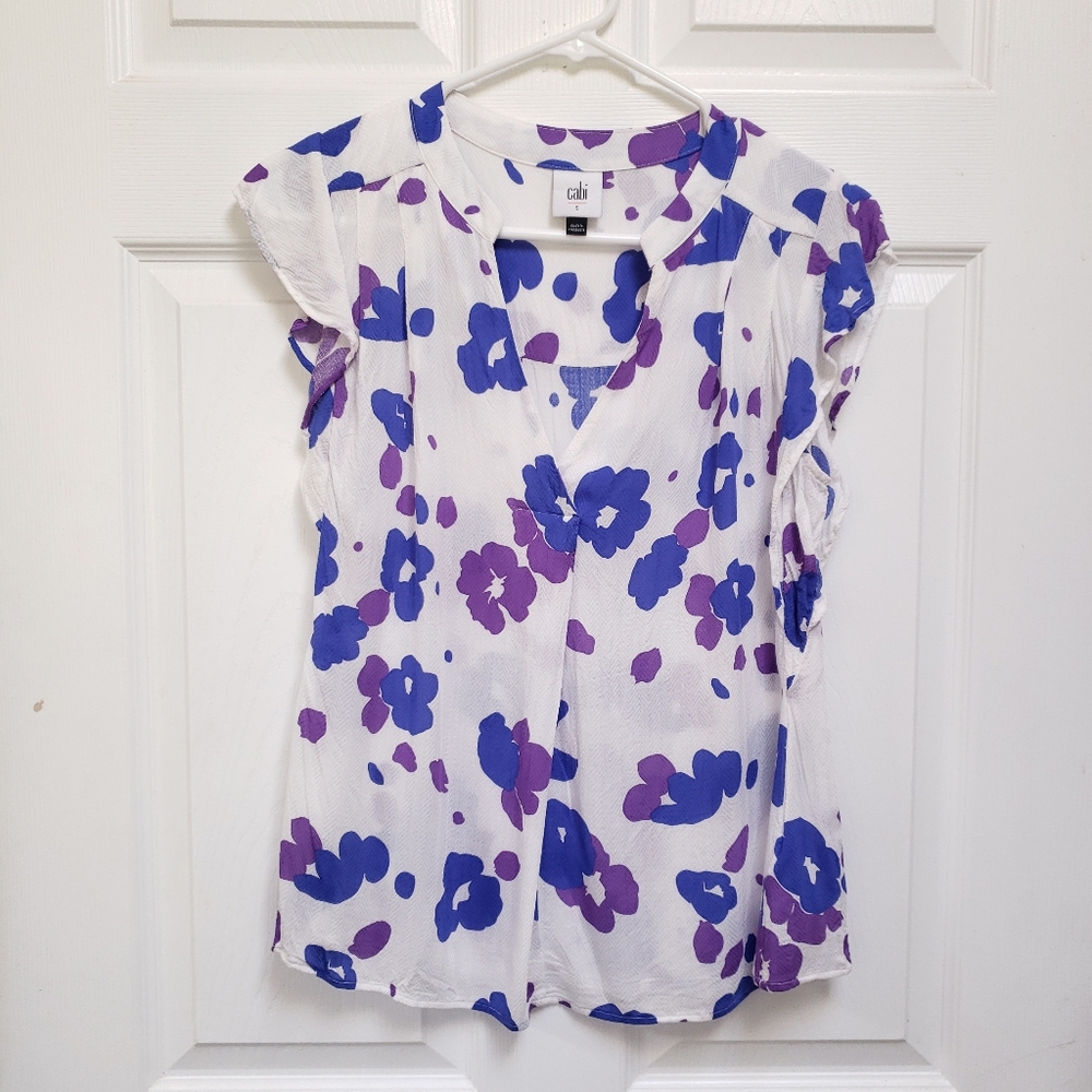 Cabi White Purple Blue Floral Violet Short Sleeve Blouse Top